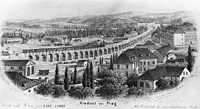 Negrelliho viadukt v Karlíně. Lept Josefa Rybičky podle předlohy Karla Brantla z roku 1854. (Muzeum hlavního města Prahy)