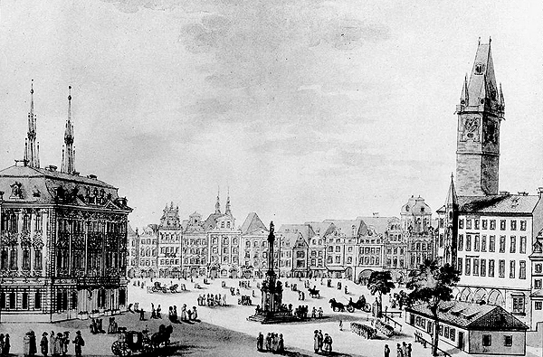 Mariánský sloup na Staroměstském náměstí, který byl jako symbol Habsburské monarchie stržen roku 1918 (zdroj cs.wikipedia.org)