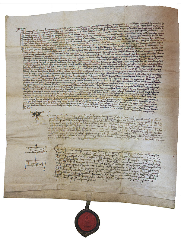 Dekret kutnohorský – jedno z nejznámějších dochovaných vyhotovení, notářský instrument zhotovený pro Jana Husa z 18. září 1414 (zdroj cs.wikipedia.org)